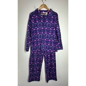 Mayfair Women’s Fleece Pajamas Set Pink Birds Print Long Sleeve Button Up Size L